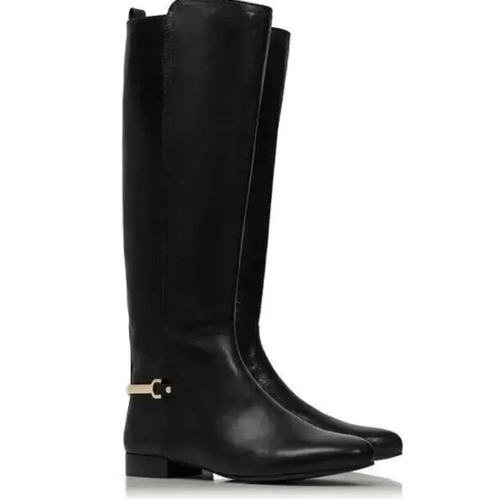 Tory Burch Tall Black Leather Riding Boots Horsebit Heel Logo Hardware Size 5